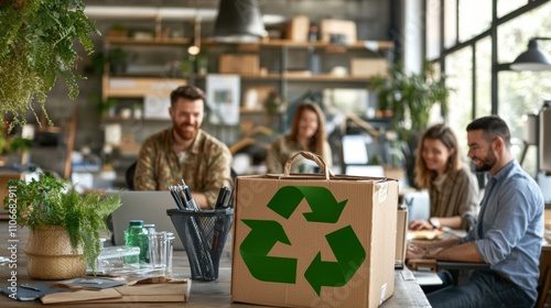 Sustainable business practices team collaboration in a modern office environment with eco-friendly focus photo