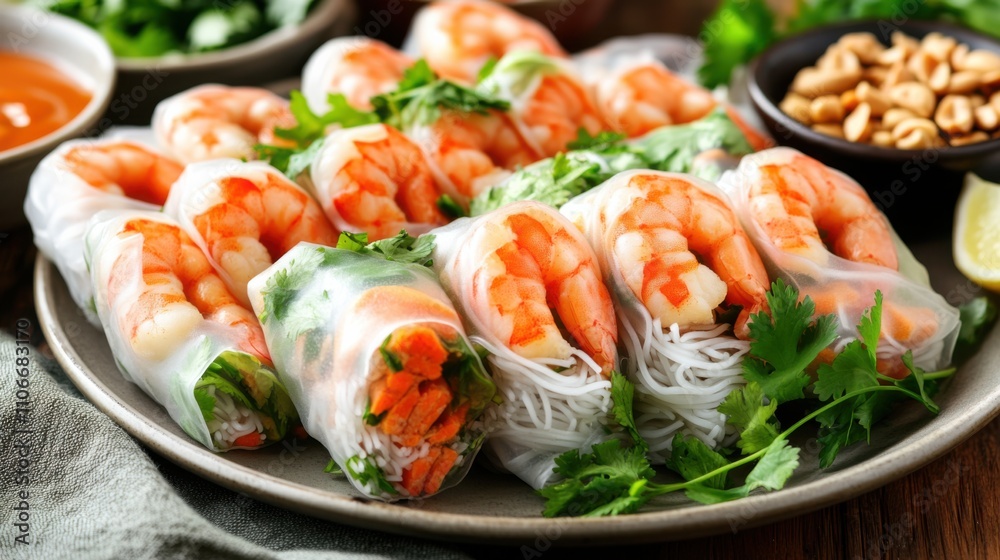 A platter of colorful Vietnamese summer rolls filled with shrimp, vermicelli, and fresh herbs A platter of colorful Vietnamese summer rolls filled with shrimp, vermicelli, and fresh herbs