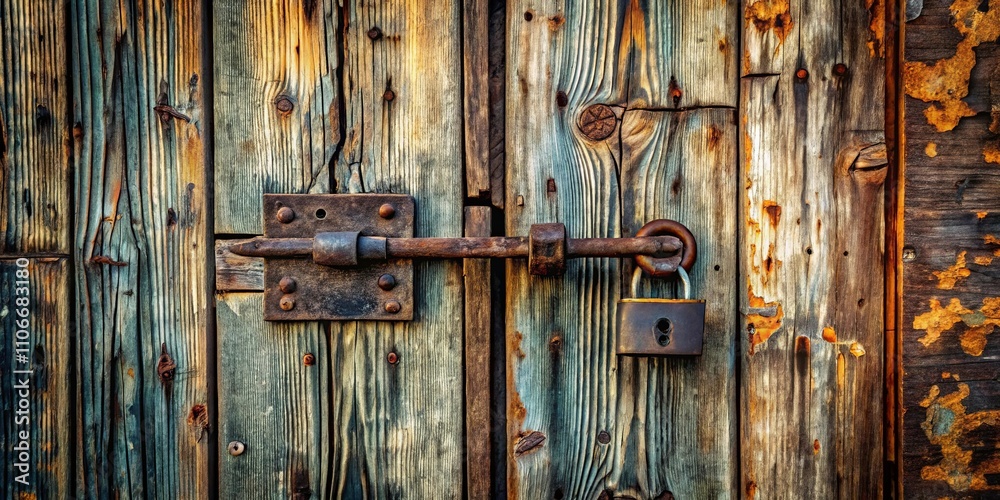 Rustic Wooden Door Secured with Weathered Bolt and Padlock, a Testament to Time and Endurance Rustic Wooden Door Secured with Weathered Bolt and Padlock, a Testament to Time and Endurance