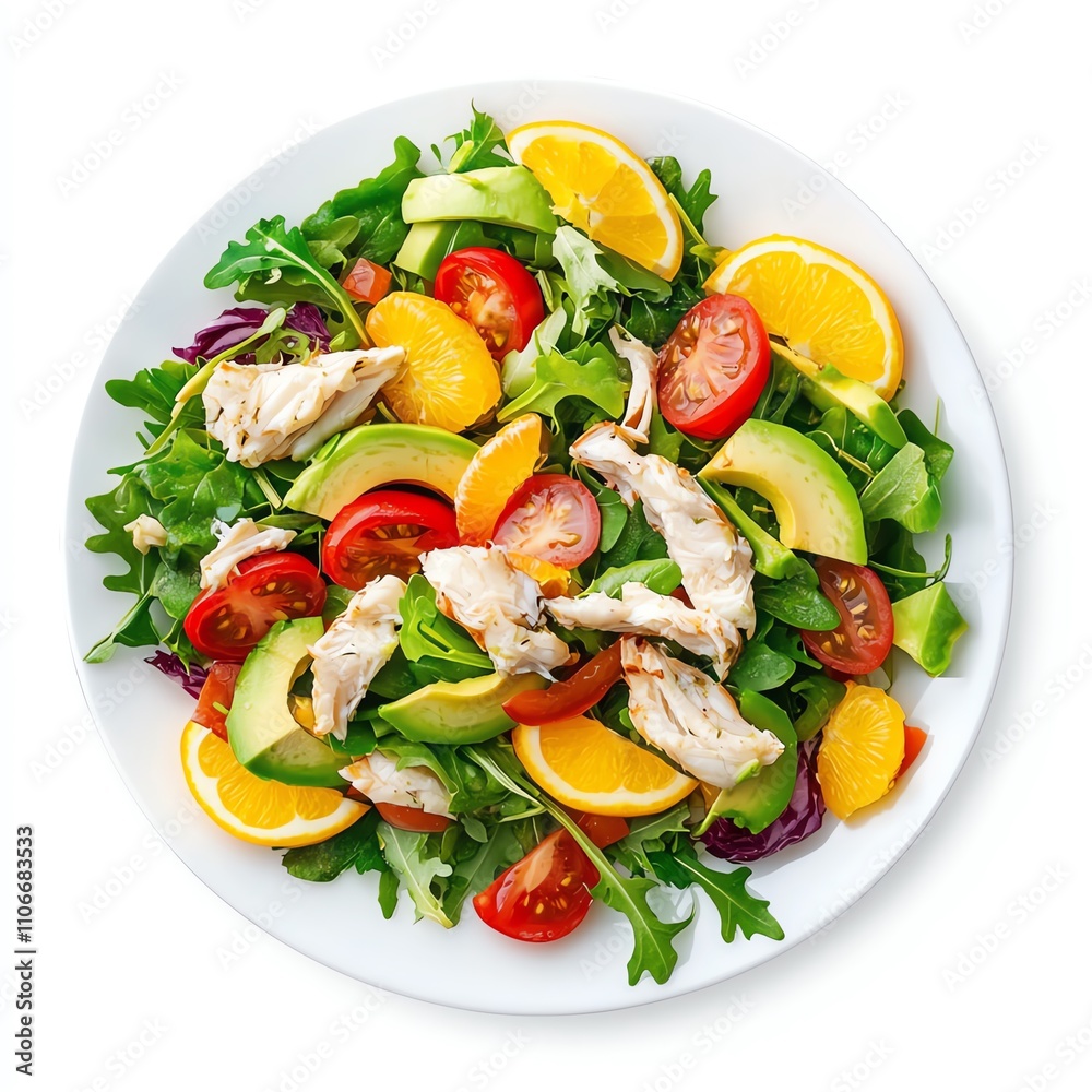 A colorful salad with mixed greens, cherry tomatoes, sliced oranges, and tender chicken pieces, topped with fresh vegetables and vibrant flavors. A colorful salad with mixed greens, cherry tomatoes, sliced oranges, and tender chicken pieces, topped with fresh vegetables and vibrant flavors.