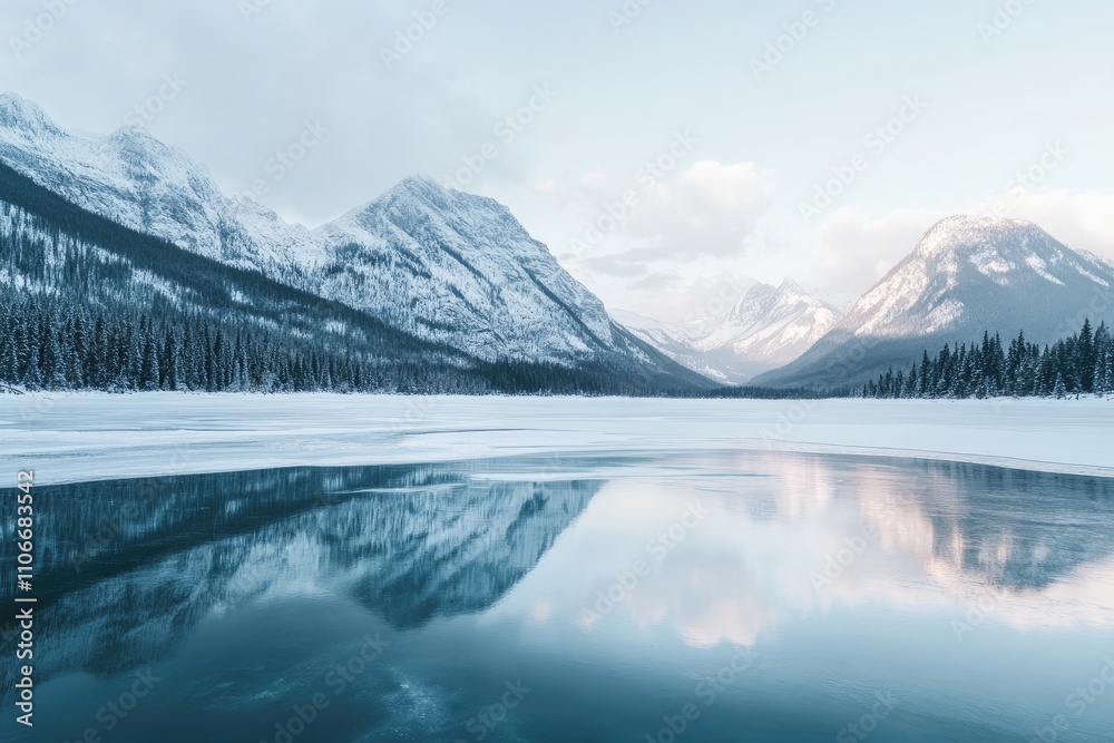 Snow capped mountains reflected in a frozen lake Snow capped mountains reflected in a frozen lake