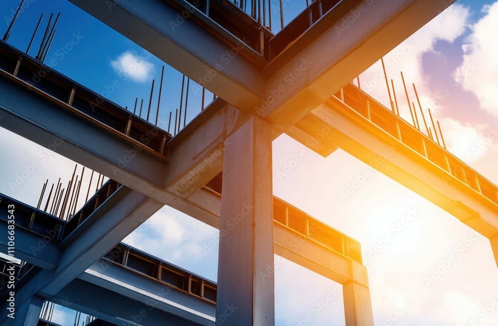 Fototapeta premium A construction framework supports future development, showcasing steel reinforcement against a bright sky.