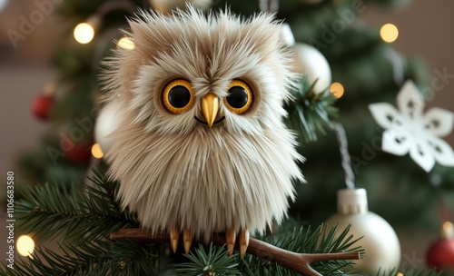 owl christmas Wooden owl and furtree toy on the christmas tree vertical photo  animal, decoration, season, bird photo