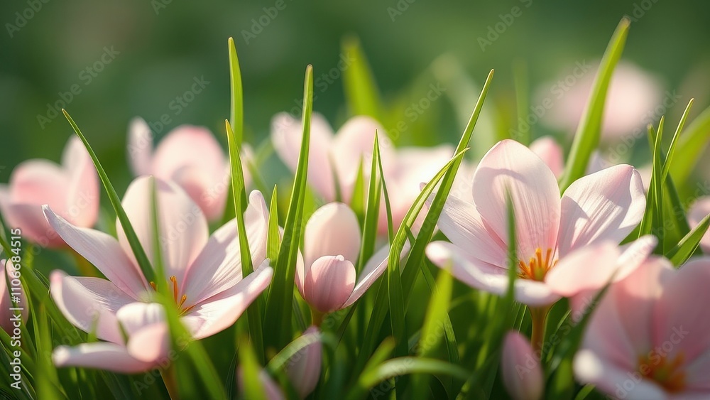 Fototapeta premium delicate petals and lush green grass intertwined, natural beauty, flower arrangement, intertwined elements