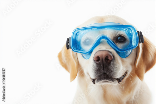 A happy Labrador wearing blue goggles, ready for adventure