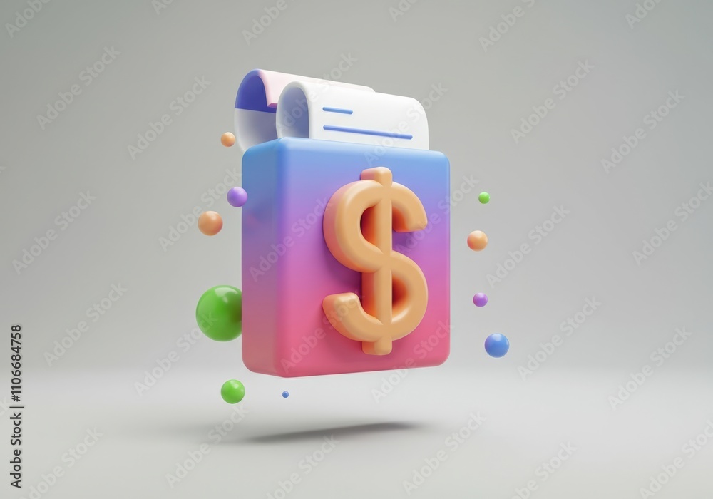 3D Render of a Dollar Sign on a Cube with Colorful Spheres