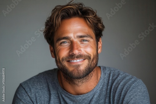 studio photo of a handsome man smiling against a clean white background, exuding confidence and charm, perfect for fashion or lifestyle branding imagery