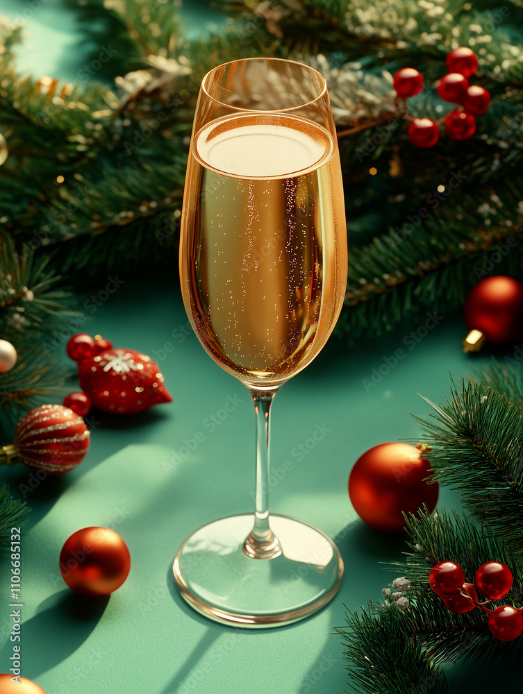 Festive Champagne Glass with Christmas Ornaments and Greenery..