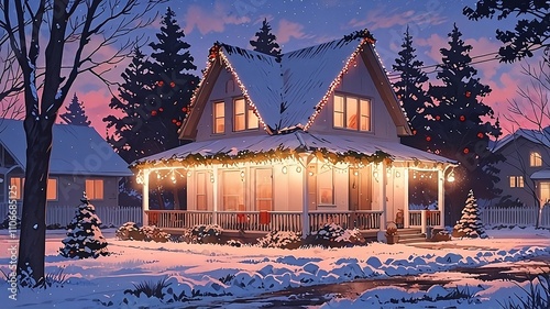 Cozy Snow-Covered House Illuminated with Festive Lights in a Serene Winter Twilight