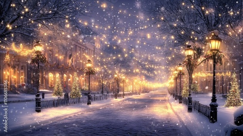 Enchanted Winter Wonderland with Snowfall and Glowing Streetlights