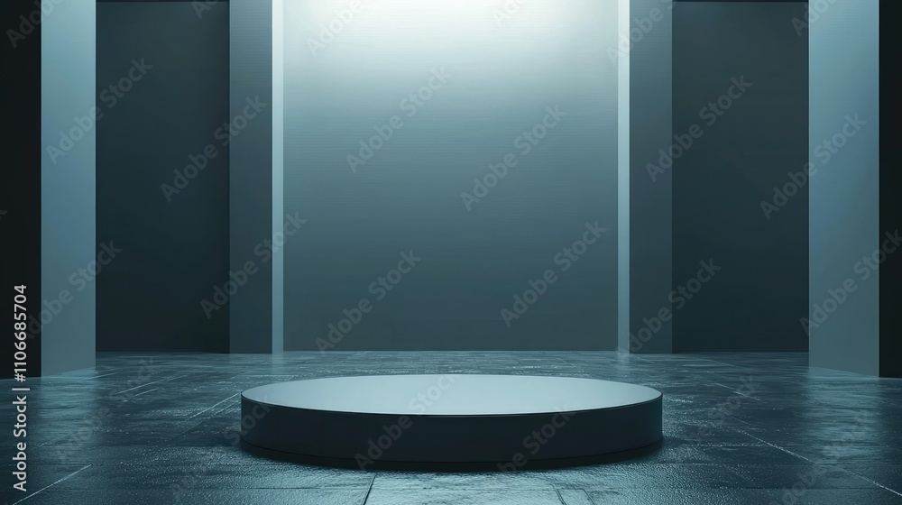 Circular Platform in a Minimalist Blue and Gray Room Circular Platform in a Minimalist Blue and Gray Room