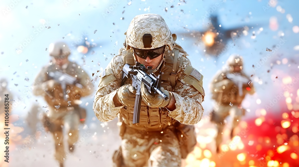 Soldiers in Intense Combat with Explosions and Aerial Maneuvers in Military Soldiers in Intense Combat with Explosions and Aerial Maneuvers in Military