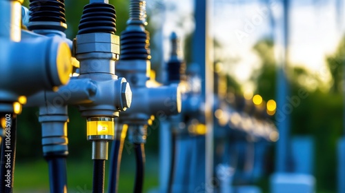 A close-up view of industrial valves and piping, showcasing the intricate details of the components against a blurred natural backdrop.