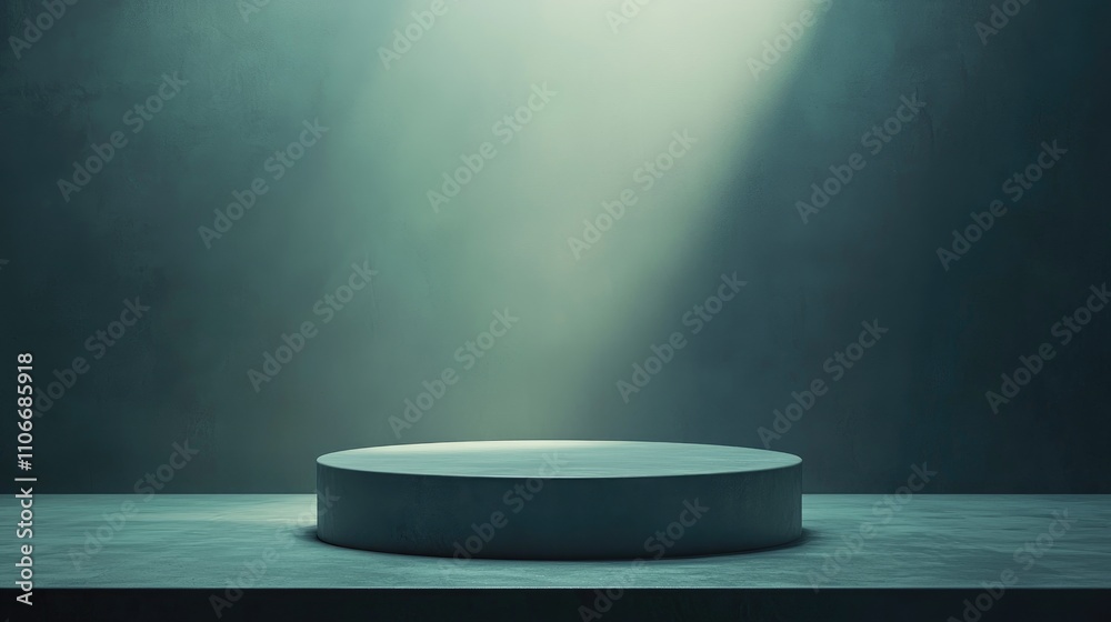 A single round platform on a green surface with a light beam above it. A single round platform on a green surface with a light beam above it.
