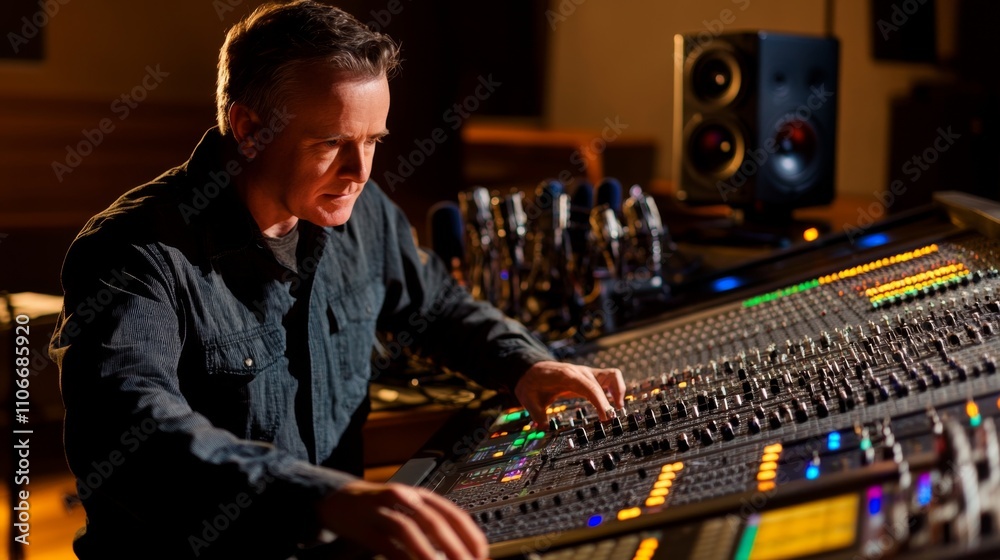Music production artist adjusts mixing console in recording studio evening setup professional sound engineering environment Music production artist adjusts mixing console in recording studio evening setup professional sound engineering environment