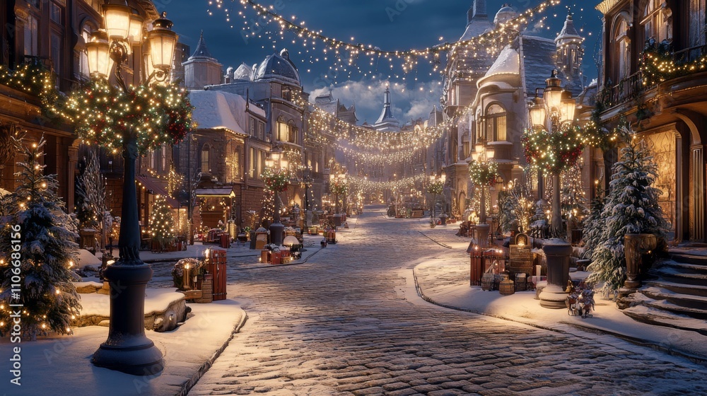 Obraz premium Winter Wonderland Street Decorated for Holiday Celebration Night