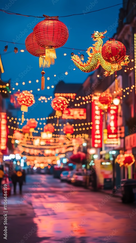 Obraz premium Illuminated night street scene with Chinese lanterns and dragon decorations.