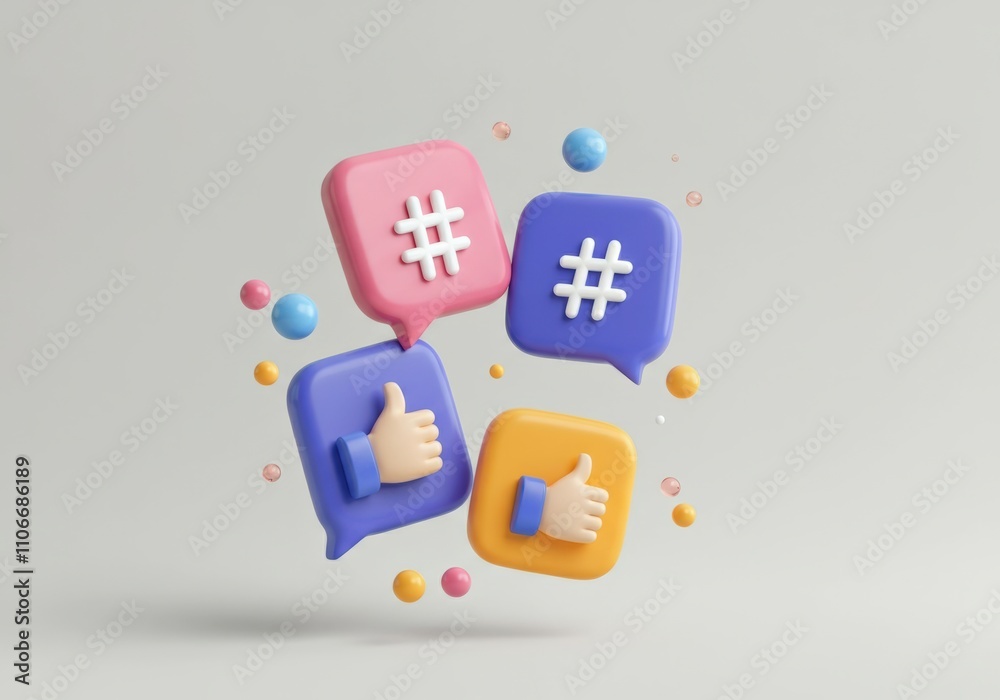 3D Render of Social Media Icons and Colorful Spheres 3D Render of Social Media Icons and Colorful Spheres