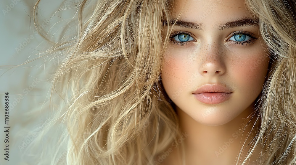Fototapeta premium A cheerful blonde woman with vibrant blue eyes and bouncy curls, captured in a close-up portrait under soft natural lighting. Her flawless skin and sparkling eyes exude charm, set against a