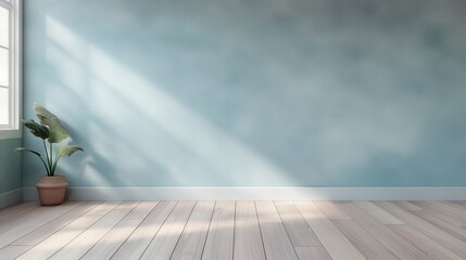 Minimalist Pastel pale light blue empty room interior blank wall background backdrop with plants window light shadows for online zoom presentations webinars virtual meetings teams video call desktop