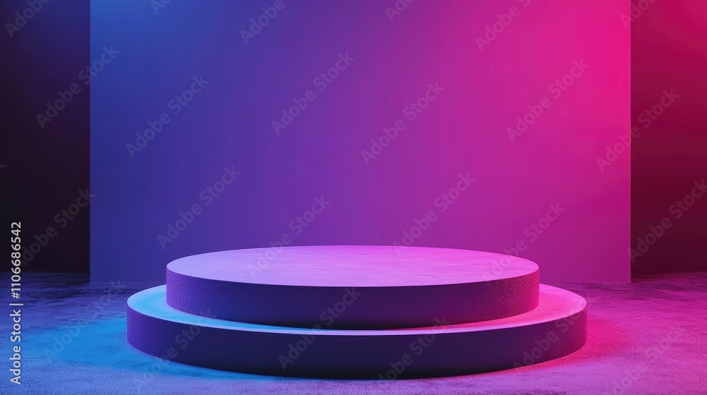 Two-Tiered Round Platform Illuminated by Blue and Pink Neon Lights Two-Tiered Round Platform Illuminated by Blue and Pink Neon Lights