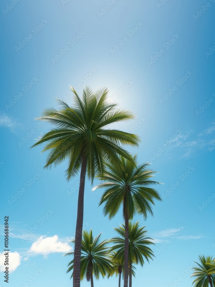 Palm trees standing tall against a bright blue sky with a few wispy clouds, sunny day, tropical, warm light, leafy greens Palm trees standing tall against a bright blue sky with a few wispy clouds, sunny day, tropical, warm light, leafy greens