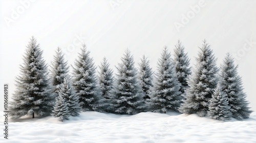 Snow-covered pine and fir trees in a frosty winter forest with a snowy mountain landscape