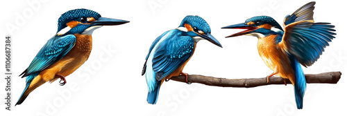 Portrait, Flying, and Branch-Sitting Kingfisher Birds Collection Isolated on Transparent Background photo