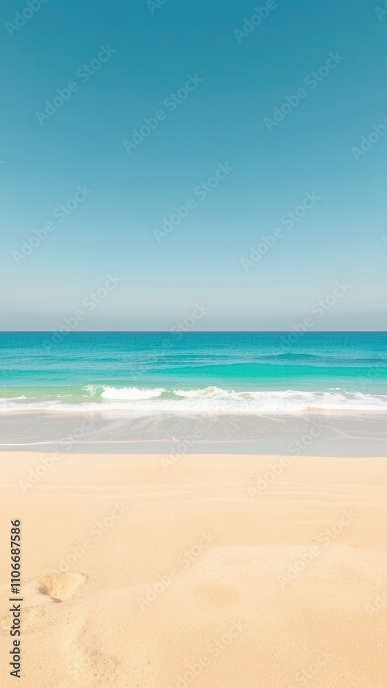Soft focus on a tranquil ocean with a sandy beach in the foreground, peaceful ambiance, serene scenery, soft focus, natural serenity, calm waters