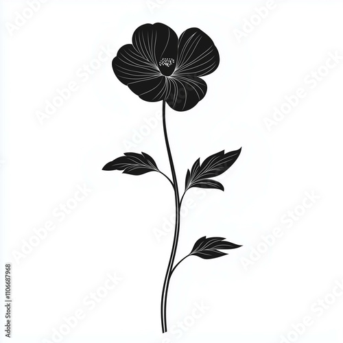 A black and white vector graphic of the silhouette of an elegant flower with a long stem - flower, black flower, floral design, botanical art, line art, silhouette flower, plant illustration