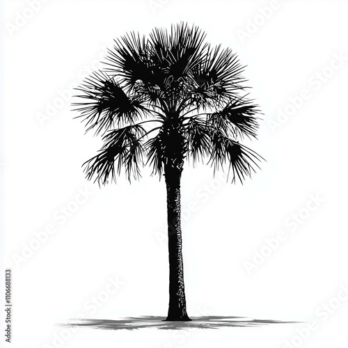 A black and white vector silhouette of a palmetto tree against a white background - palm tree, tree, silhouette, tropical, nature, black and white, plant, foliage, shadow, outdoors