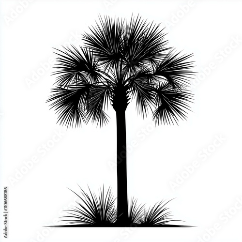 A black and white vector silhouette of a palmetto tree against a white background - palm tree, silhouette, black and white, tropical, nature, foliage, plant, exotic, leaf, summer, art