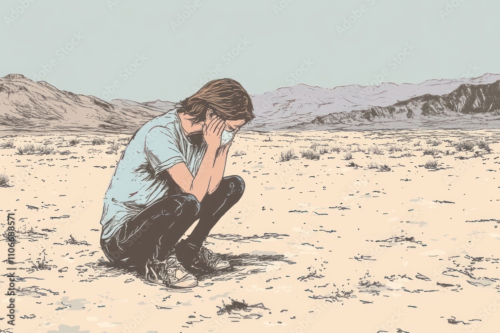 A solitary figure sits in a barren landscape, conveying feelings of despair and isolation. A solitary figure sits in a barren landscape, conveying feelings of despair and isolation.