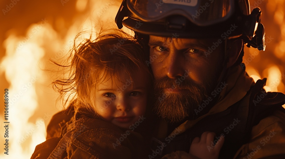 Firefighter carries a child from a burning building.