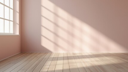 Minimalist Pastel pale pink empty room interior blank wall background or backdrop with window light shadow for online presentations webinars virtual meetings teams video call. Desktop wallpaper 