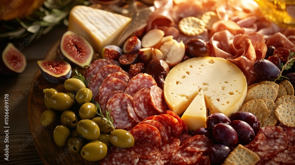 A platter of savory cheese and charcuterie featuring a variety of cheeses, cured meats, olives A platter of savory cheese and charcuterie featuring a variety of cheeses, cured meats, olives