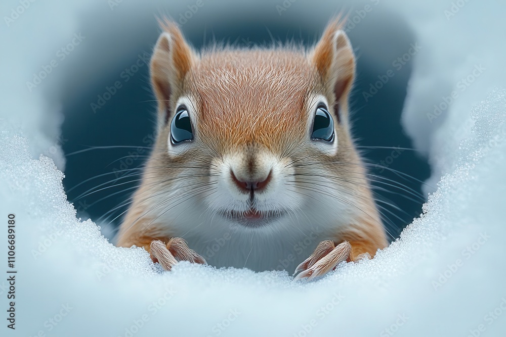 surprised squirrel cautiously peeking around a corner, highlighted against a digitally created blue background, capturing its curious expression and playful demeanor in a whimsical style