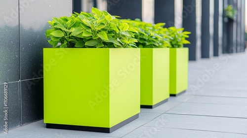 Fiberglass and sustainability concept. Bright green planters with lush foliage on a modern sidewalk. photo