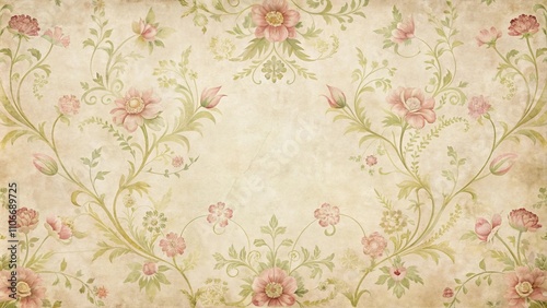 Elegant Antique Floral Pattern on Aged Paper Background with Delicate Pink Blooms and Ornate Vines