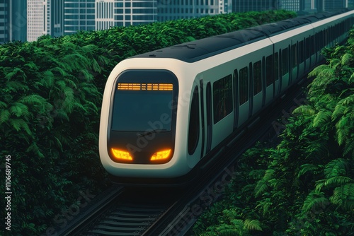 A modern train travels through a lush, green landscape, flanked by skyscrapers, highlighting a blend of nature and urban life.