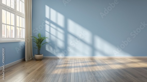 Clean and simple light blue empty room interior wall background or backdrop with window light for online presentations webinars and virtual meetings teams video call