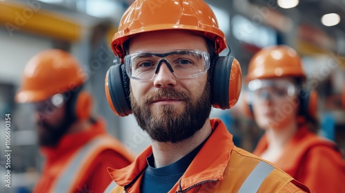 Portrait of a confident male worker wearing safety gear including an orange helmet, protective glasses, and ear protection in a modern industrial setting with colleagues. photo