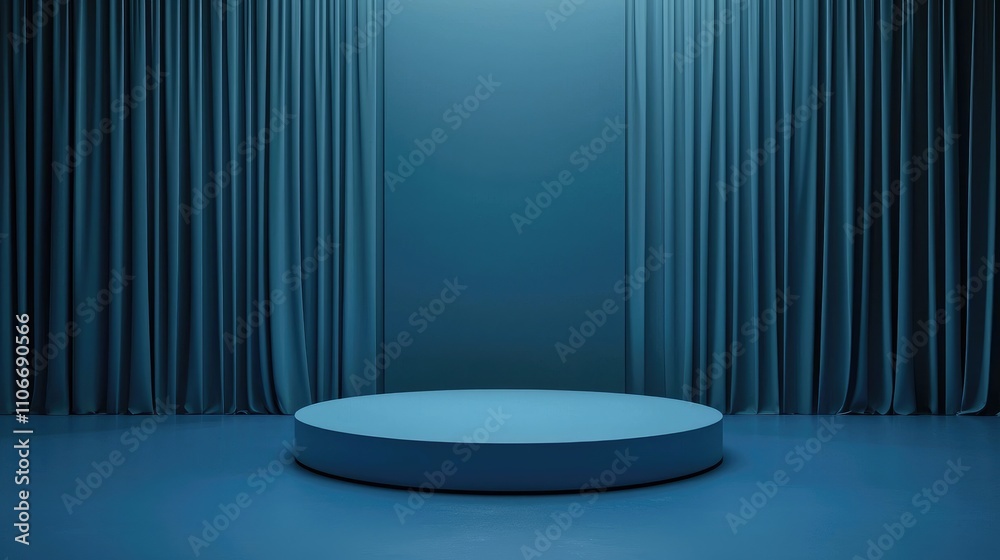 Circular Platform with Blue Curtains and Wall Circular Platform with Blue Curtains and Wall