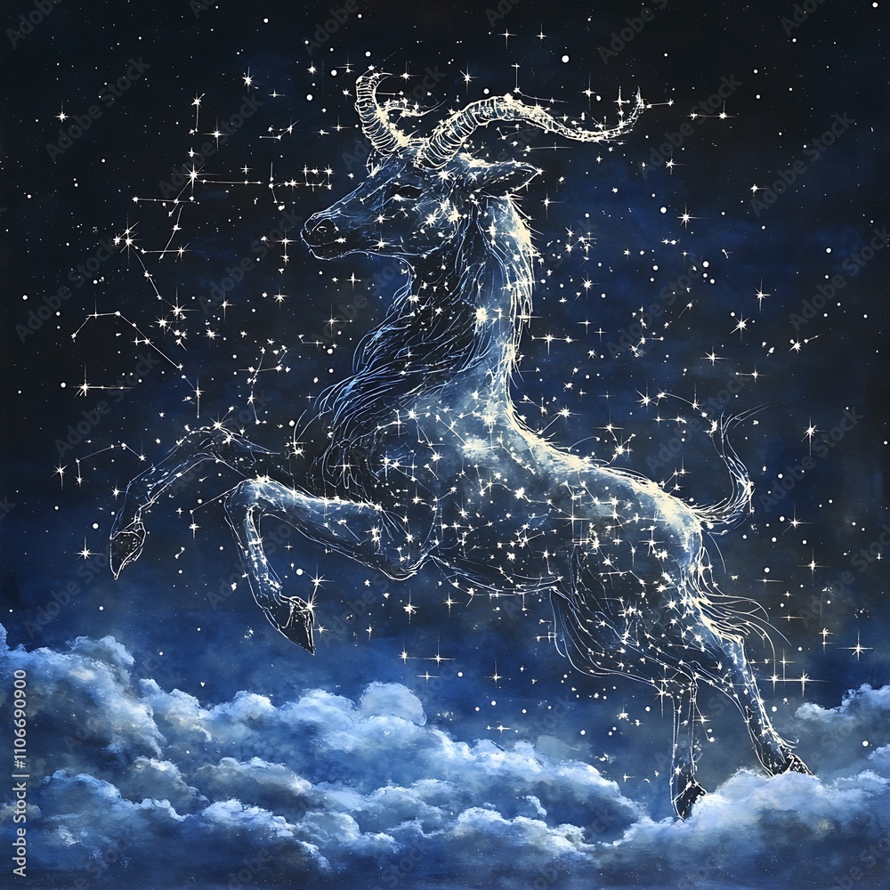 Starry Capricorn leaping above clouds. Starry Capricorn leaping above clouds.
