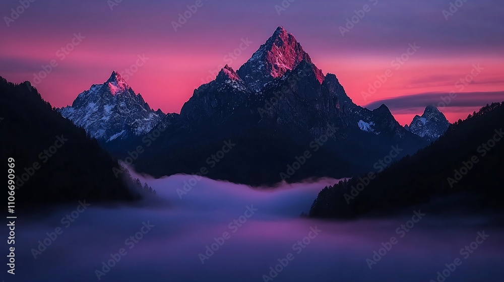 Majestic mountain peaks at sunset with low clouds. Majestic mountain peaks at sunset with low clouds.