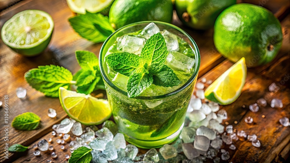 Refreshing Mint Lime Cocktail with Ice Cubes on Rustic Wood Refreshing Mint Lime Cocktail with Ice Cubes on Rustic Wood