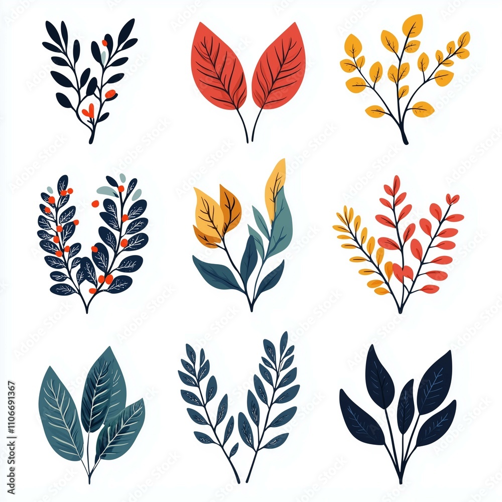 Fototapeta premium flat winter plants leaves silhouette collection on white background - leaves, foliage, botanical, nature, plants, herbs, greenery, garden, floral, branches, illustration
