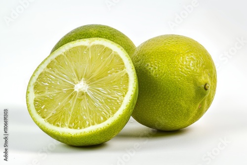 Cut Lime and Two Whole Limes on a White Background.