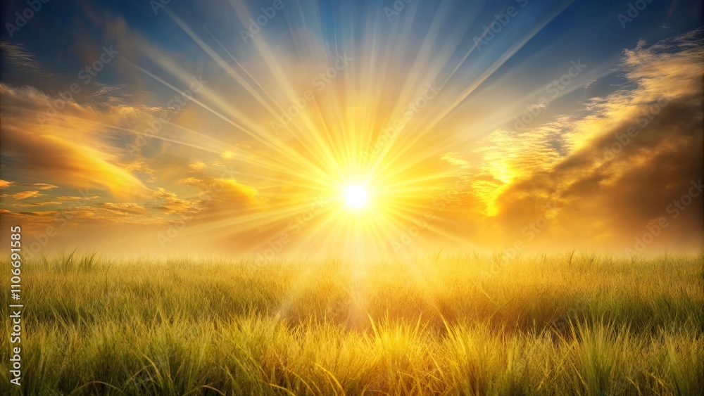 Golden rays of sunshine illuminate a vast field of tall grass at dawn Golden rays of sunshine illuminate a vast field of tall grass at dawn