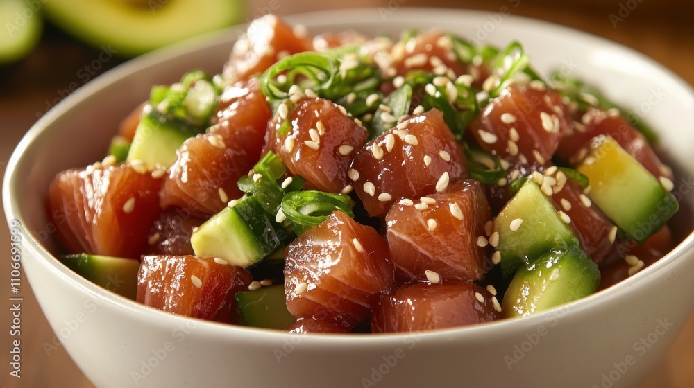 A refreshing bowl of poké featuring cubes of marinated raw fish tossed with avocado, cucumber, and seaweed salad A refreshing bowl of poké featuring cubes of marinated raw fish tossed with avocado, cucumber, and seaweed salad